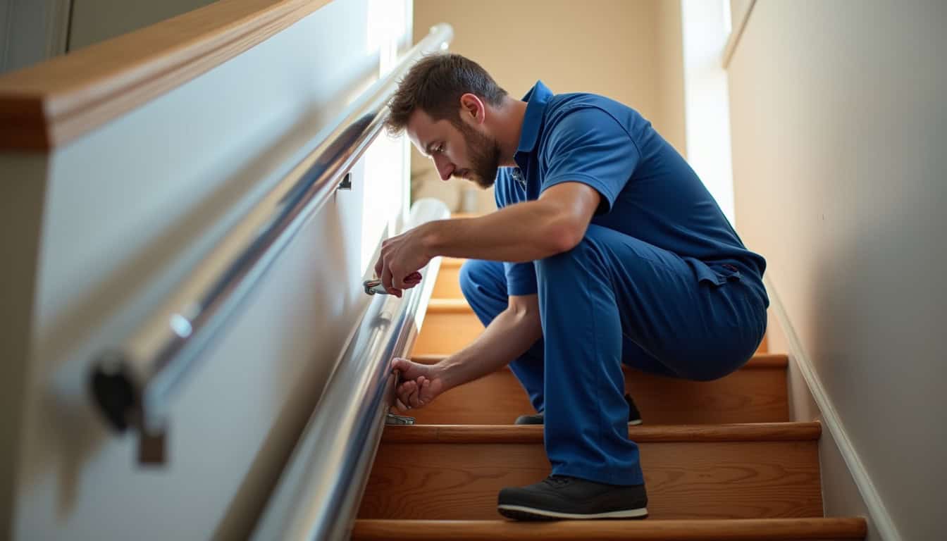 Technicien en train de vérifier un rail de monte-escalier lors d’une visite d’entretien à domicile