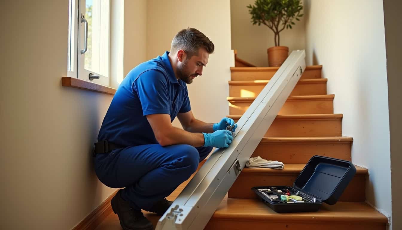 Technicien en train d’effectuer la maintenance d’un monte-escalier à Collobrières
