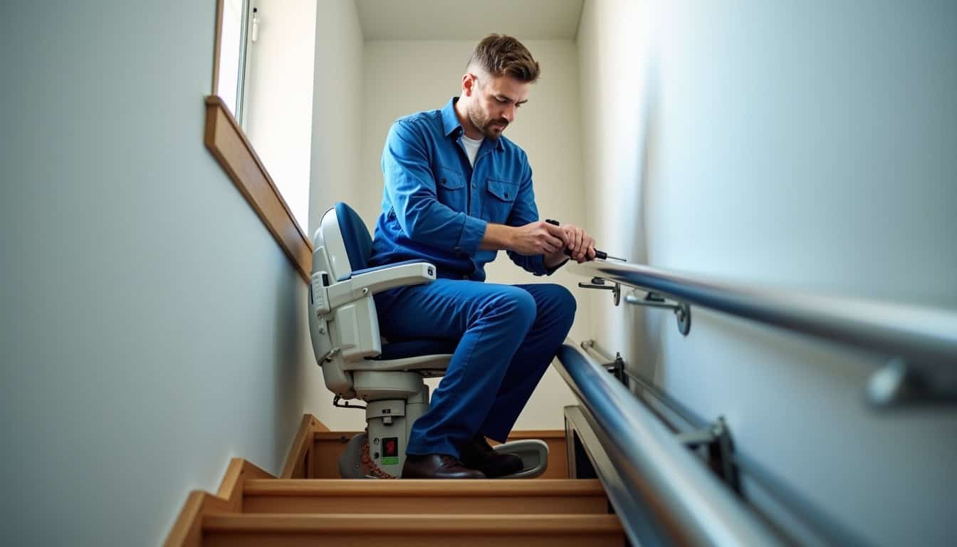 Technicien en train d’effectuer la maintenance d’un monte-escalier à Sain-Bel