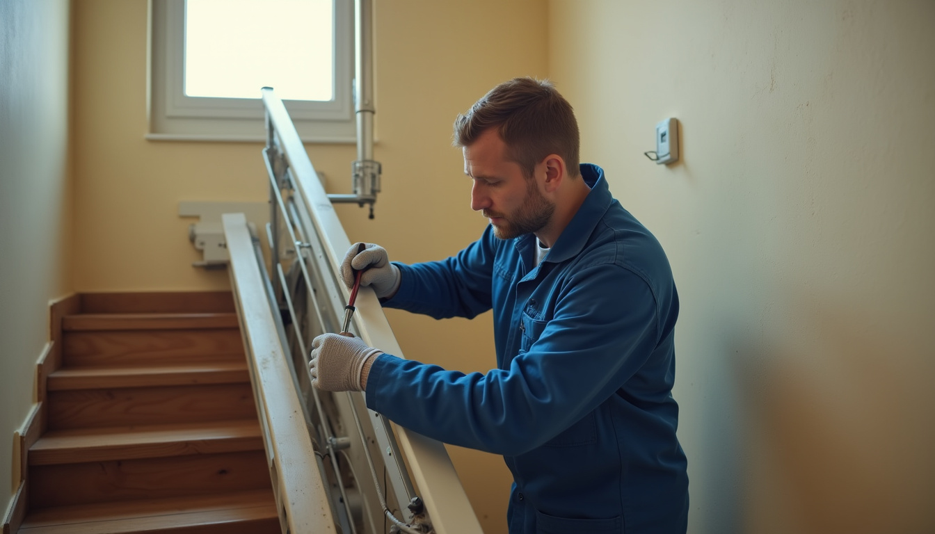 Technicien en train d’effectuer la maintenance d’un monte-escalier à Varaville