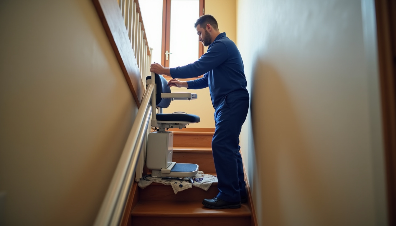 Technicien en train d’effectuer l’entretien d’un monte-escalier à Diesen