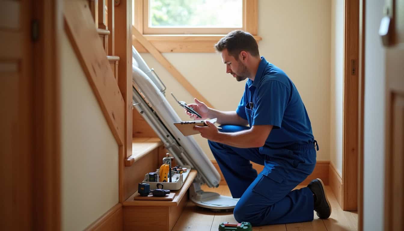 Technicien en train d’effectuer l’entretien d’un monte-escalier dans une maison