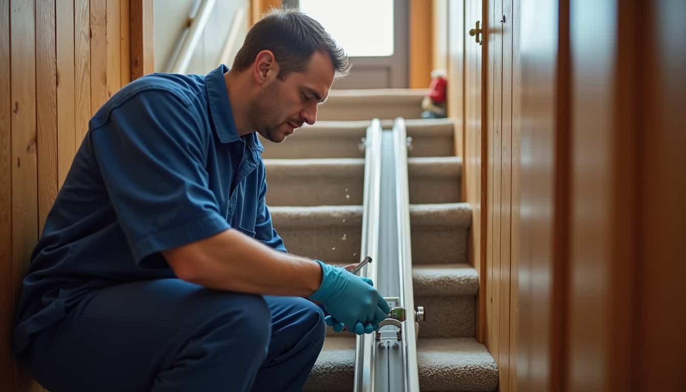 Technicien en train d'effectuer un entretien annuel sur un monte-escalier à Cendras