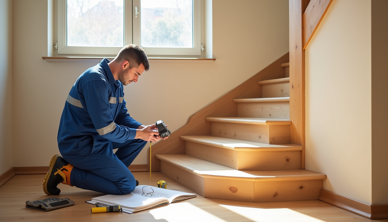 Technicien en train d’effectuer un relevé technique pour un monte-escalier dans une maison à Bruz