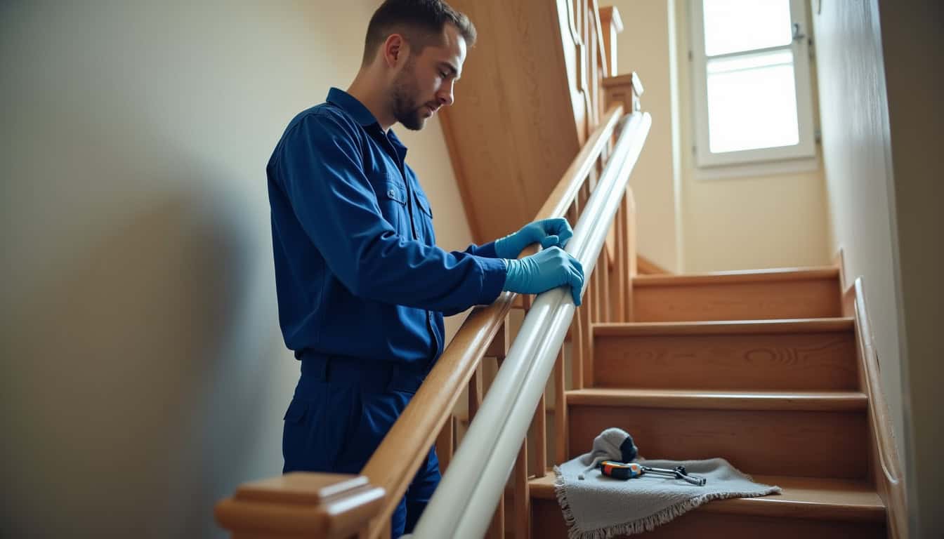 Technicien en train d’effectuer une maintenance sur un monte-escalier à Saint-Sauveur-le-Vicomte