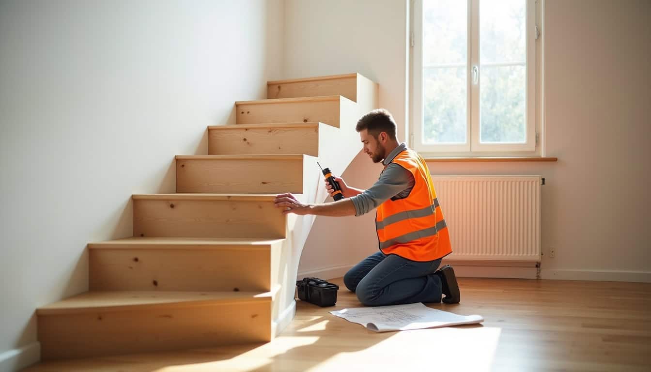 Technicien en train d’effectuer une mesure sur un escalier à Augny pour une installation sur mesure