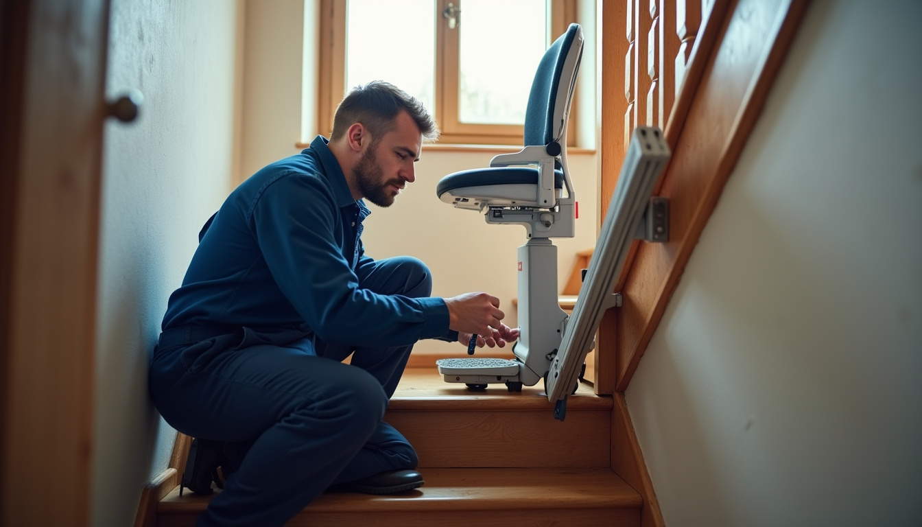 Technicien en train d'entretenir un monte-escalier à Metz