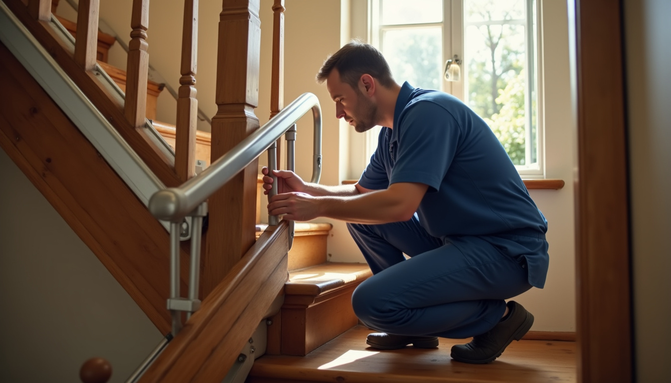 Technicien en train d’entretenir un monte-escalier dans une maison de Vatan