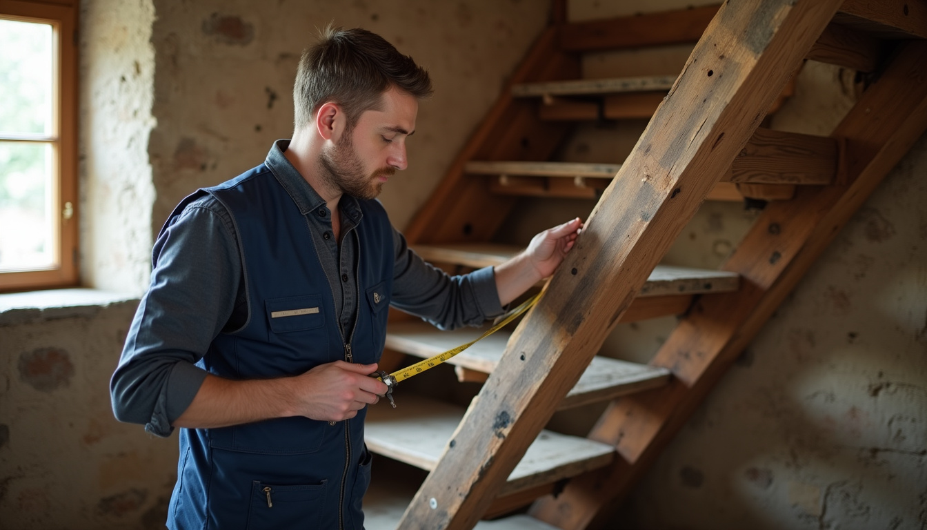 Technicien en train d’évaluer un escalier dans une maison des Ardennes