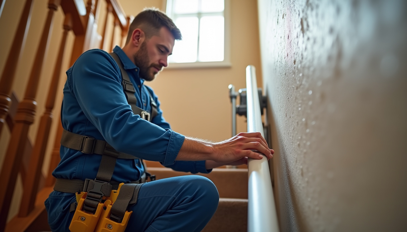 Technicien en train d’installer un monte-escalier à Andouillé