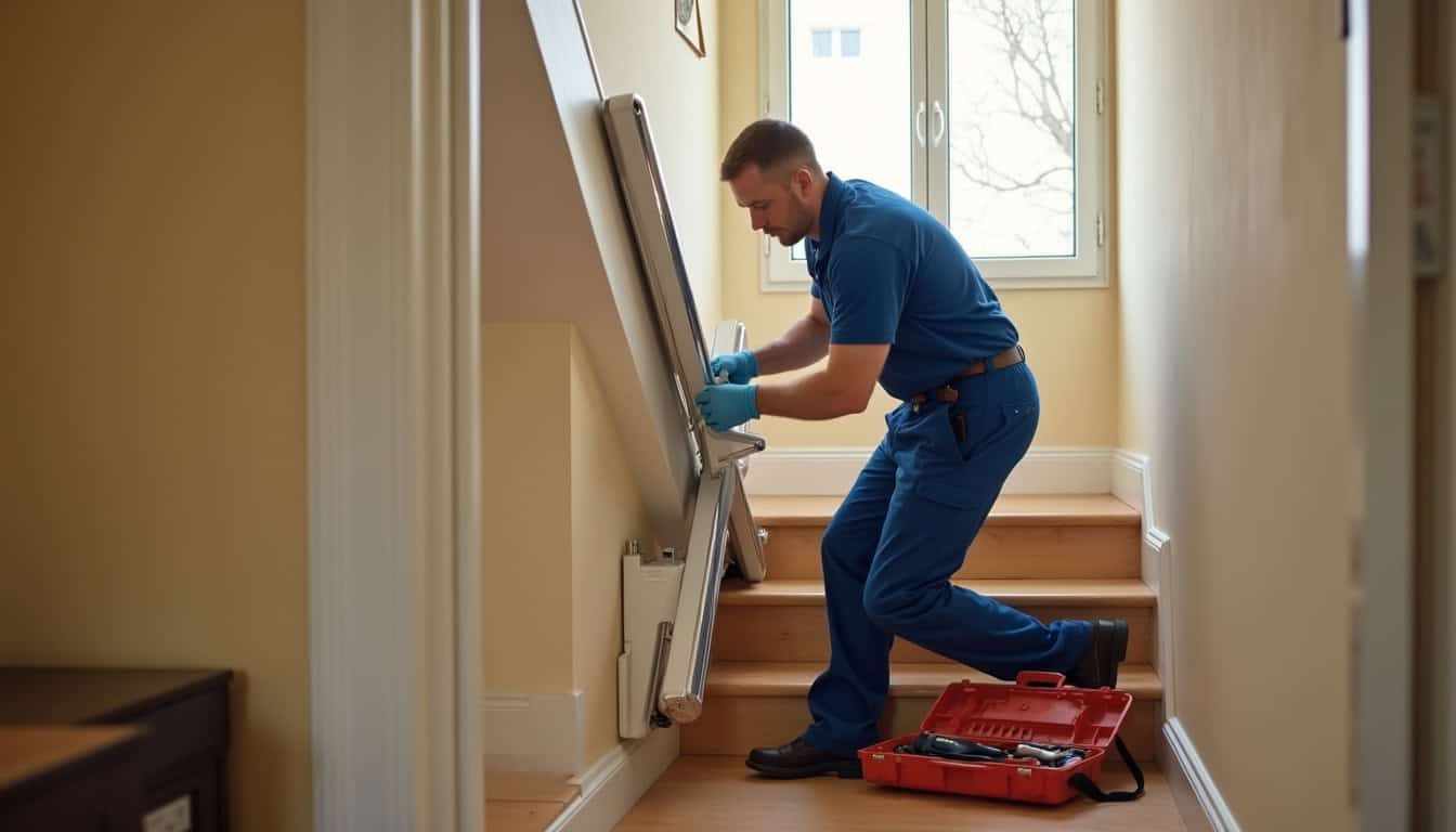 Technicien en train d’installer un monte-escalier à Beaumont Saint-Cyr