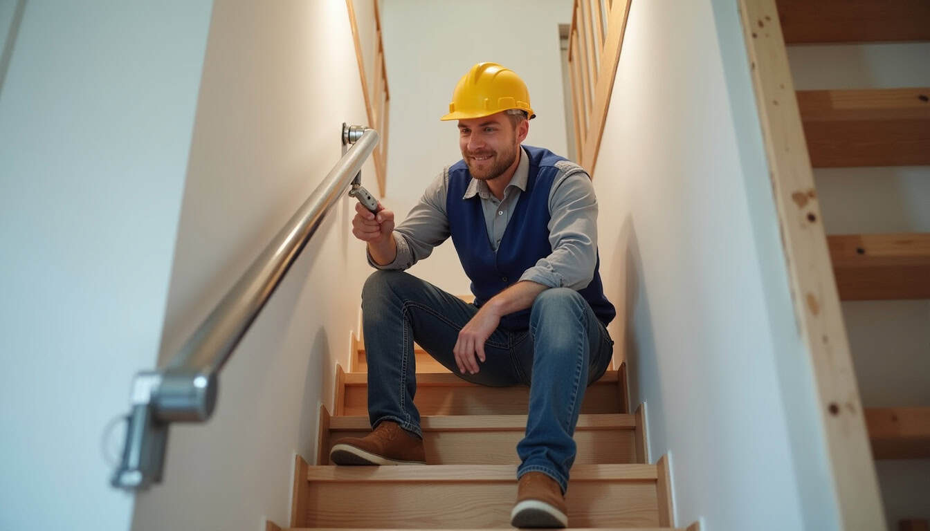 Technicien en train d'installer un monte-escalier à Beauvois-en-Cambrésis