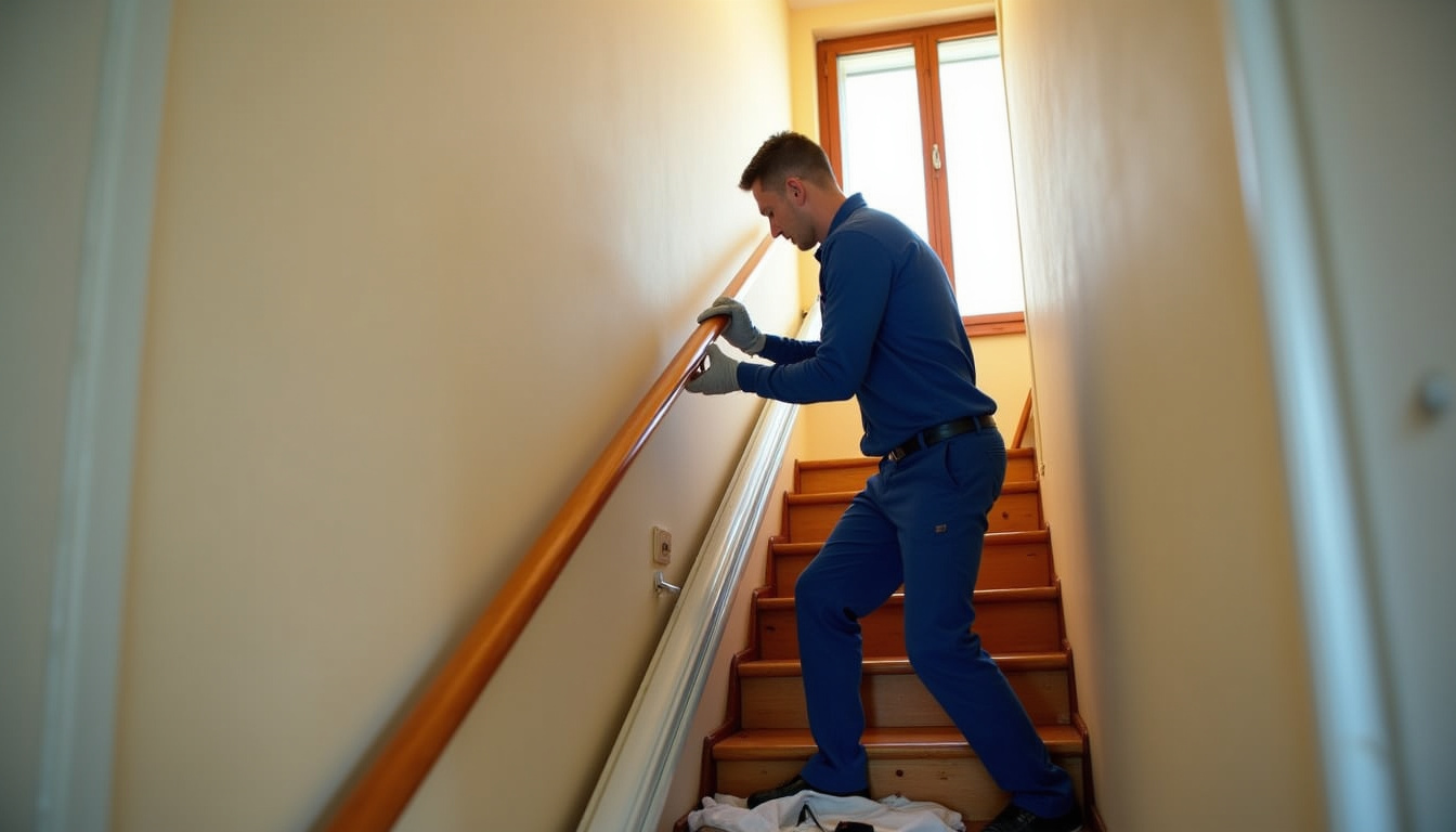 Technicien en train d’installer un monte-escalier à Cambronne-lès-Ribécourt