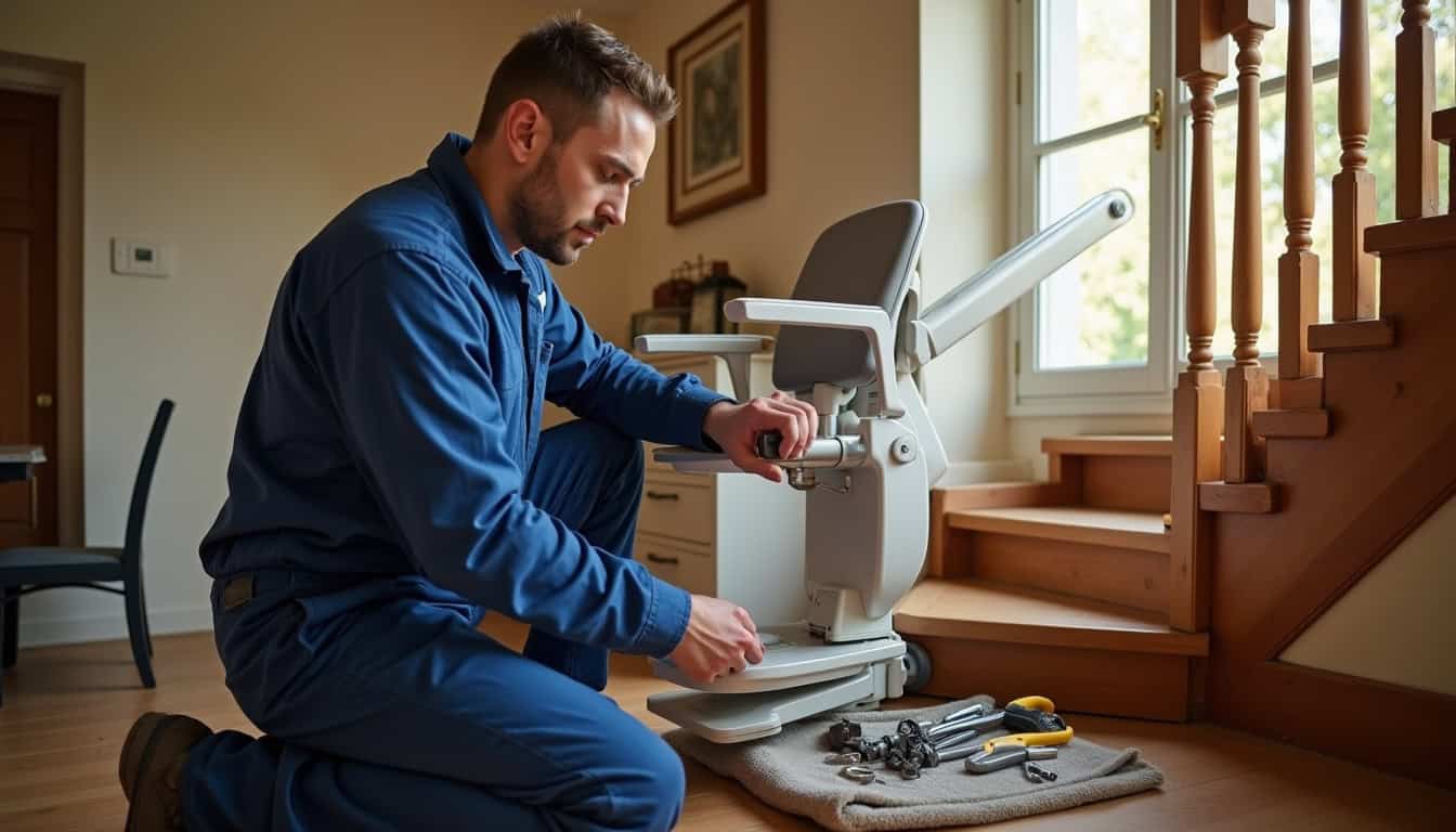 Technicien en train d’installer un monte-escalier à Campsas