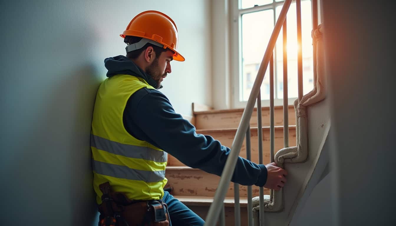 Technicien en train d’installer un monte-escalier à Champigny-sur-Marne