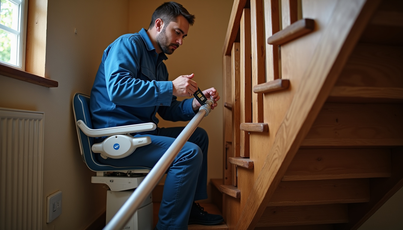Technicien en train d’installer un monte-escalier à Lanquetot