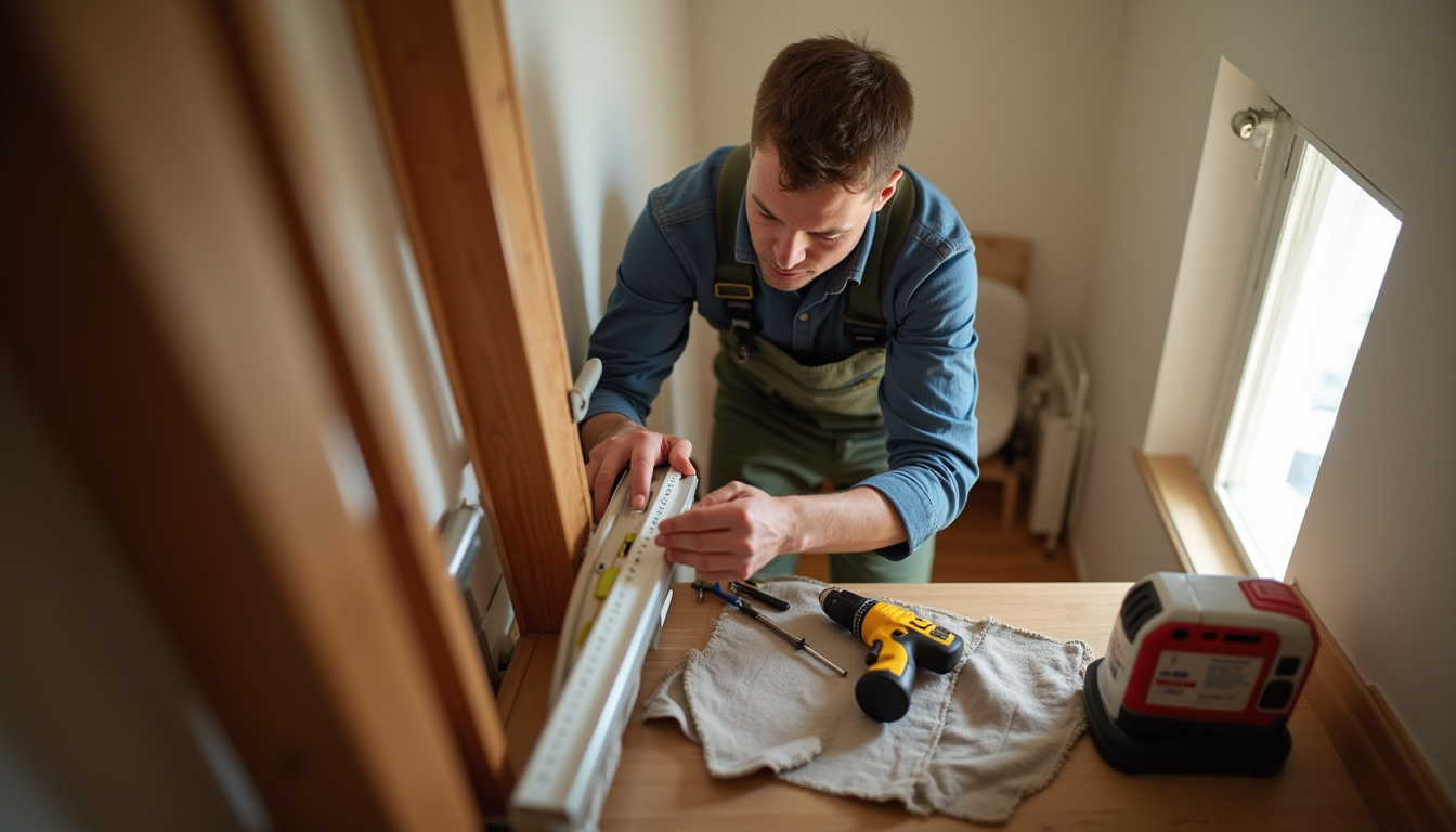 Technicien en train d’installer un monte-escalier à Laplume, avec mesures et outils sur place
