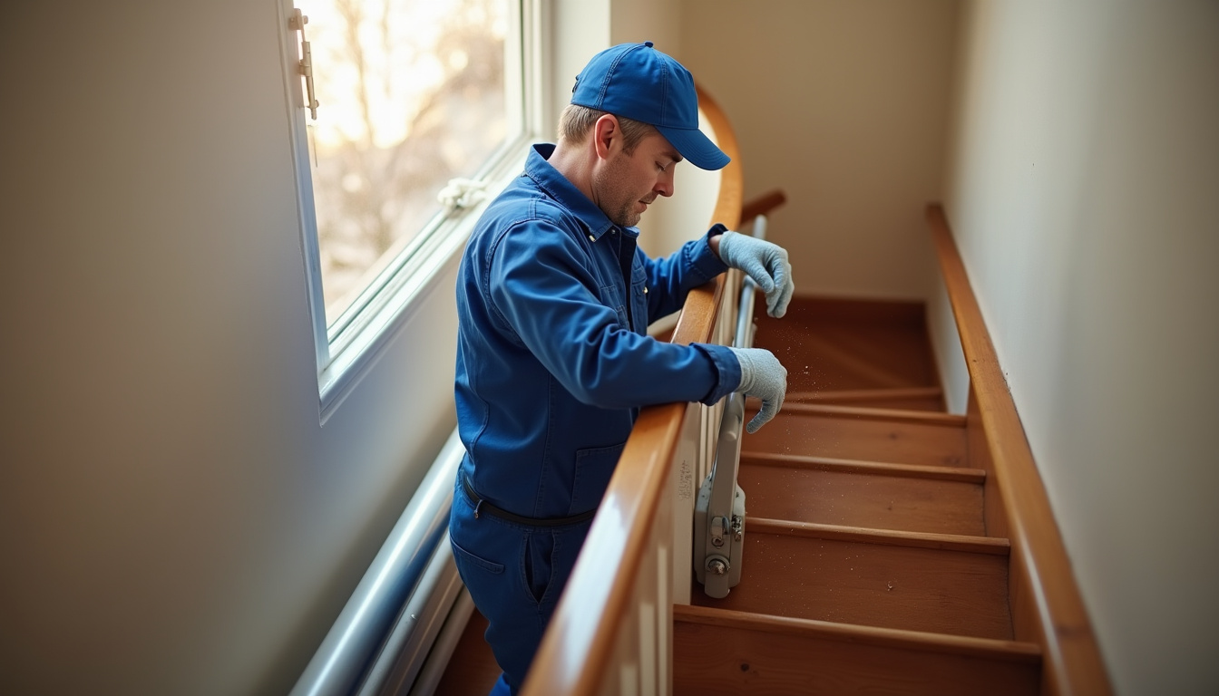 Technicien en train d’installer un monte-escalier à Le Pin