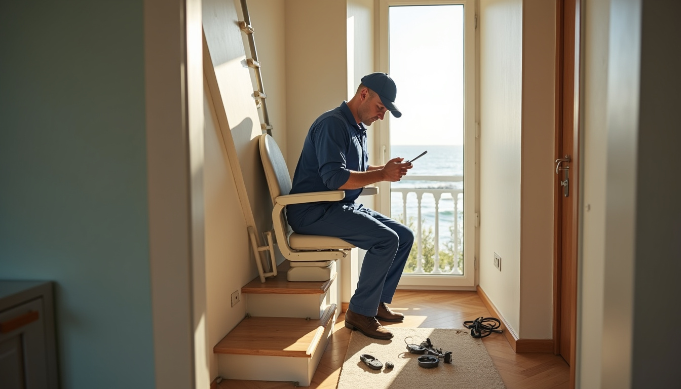 Technicien en train d’installer un monte-escalier à Longeville-sur-Mer