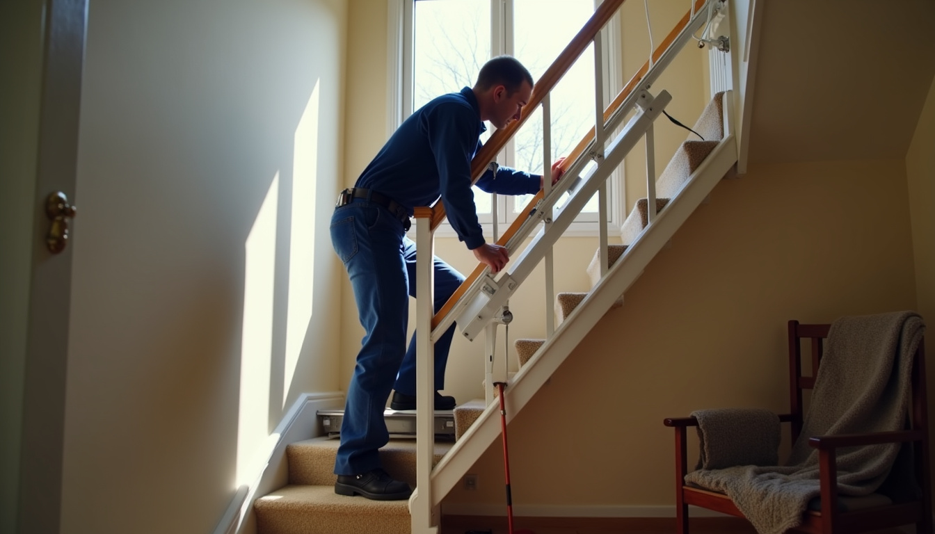 Technicien en train d'installer un monte-escalier à Longué-Jumelles