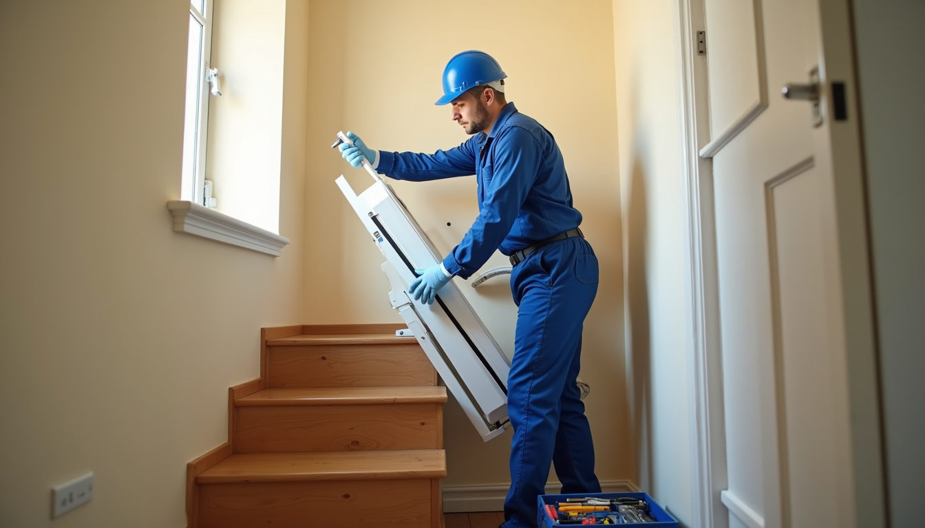 Technicien en train d’installer un monte-escalier à Montaren-et-Saint-Médiers
