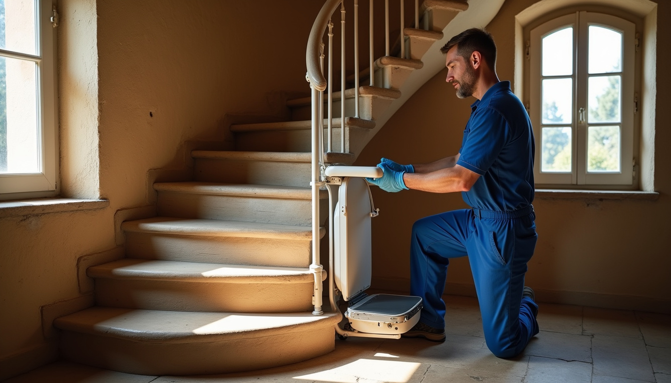 Technicien en train d’installer un monte-escalier à Montcaret, sur un escalier en colimaçon