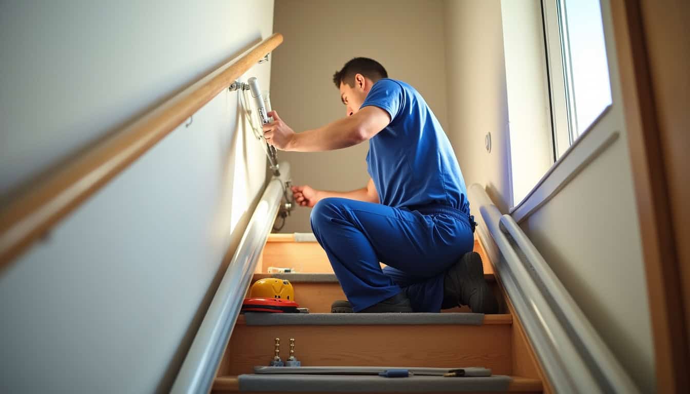 Technicien en train d’installer un monte-escalier à Murviel-lès-Montpellier