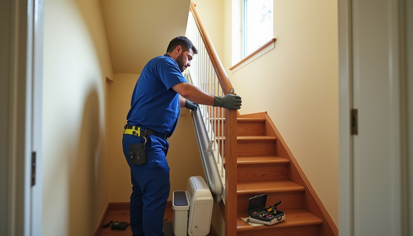Technicien en train d’installer un monte-escalier à Neaufles-Saint-Martin
