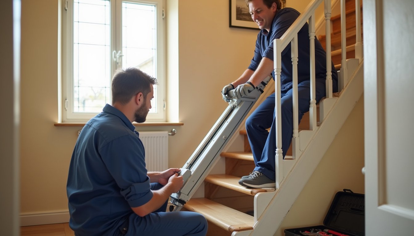 Technicien en train d'installer un monte-escalier à Noyelles-sous-Lens