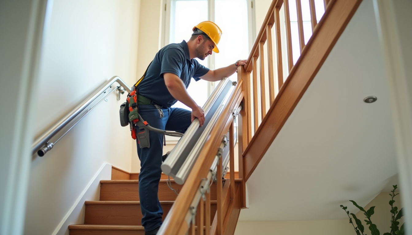 Technicien en train d’installer un monte-escalier à Parempuyre
