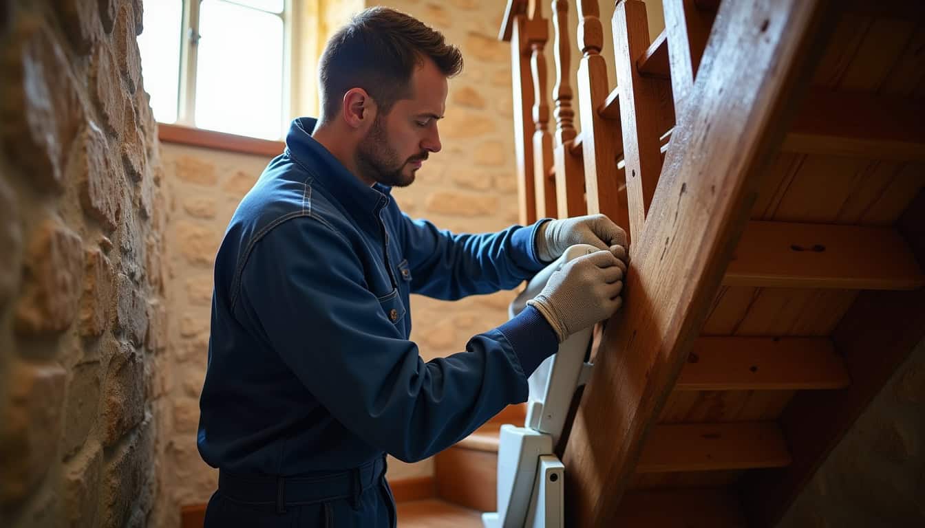 Technicien en train d’installer un monte-escalier à Portel-des-Corbières
