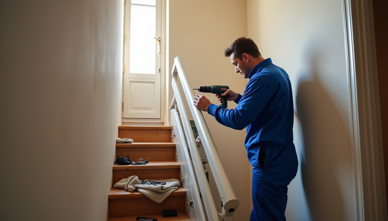 Technicien en train d’installer un monte-escalier à Rozay-en-Brie
