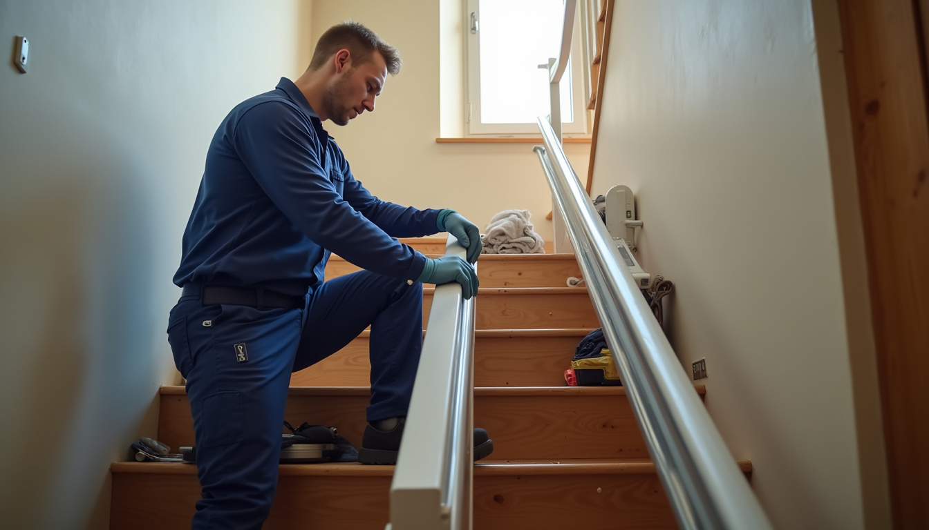 Technicien en train d’installer un monte-escalier à Rungis