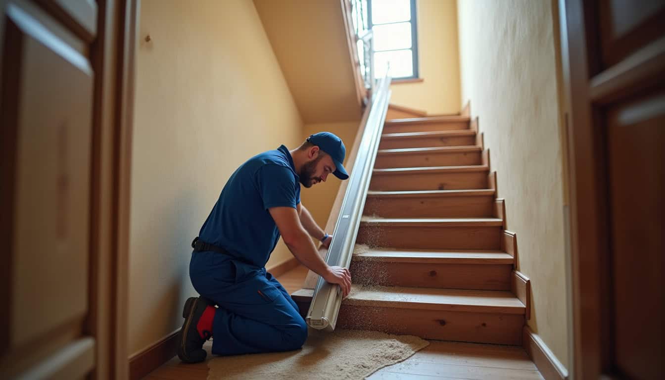 Technicien en train d’installer un monte-escalier à Saint-Romain-en-Gal