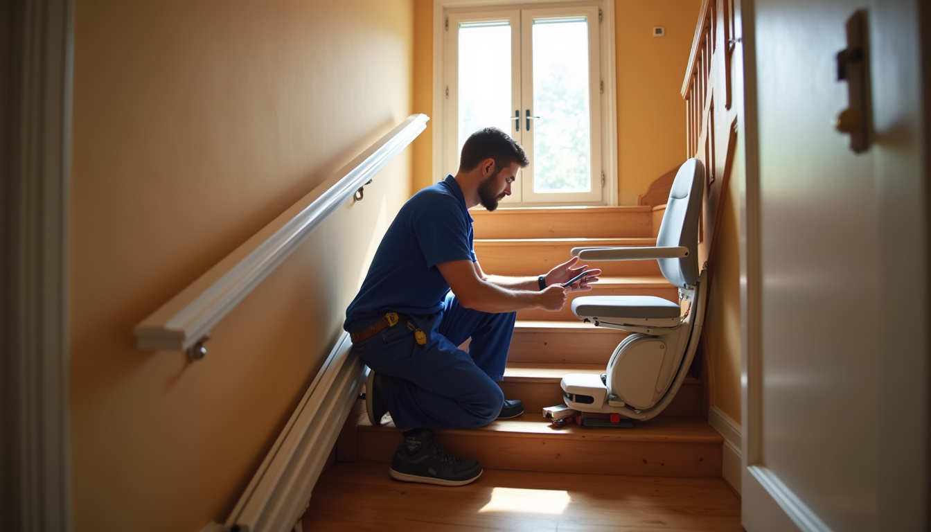 Technicien en train d’installer un monte-escalier à Saint-Thuriau