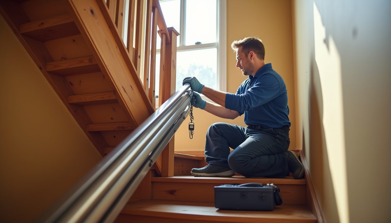 Technicien en train d’installer un monte-escalier à Sannerville