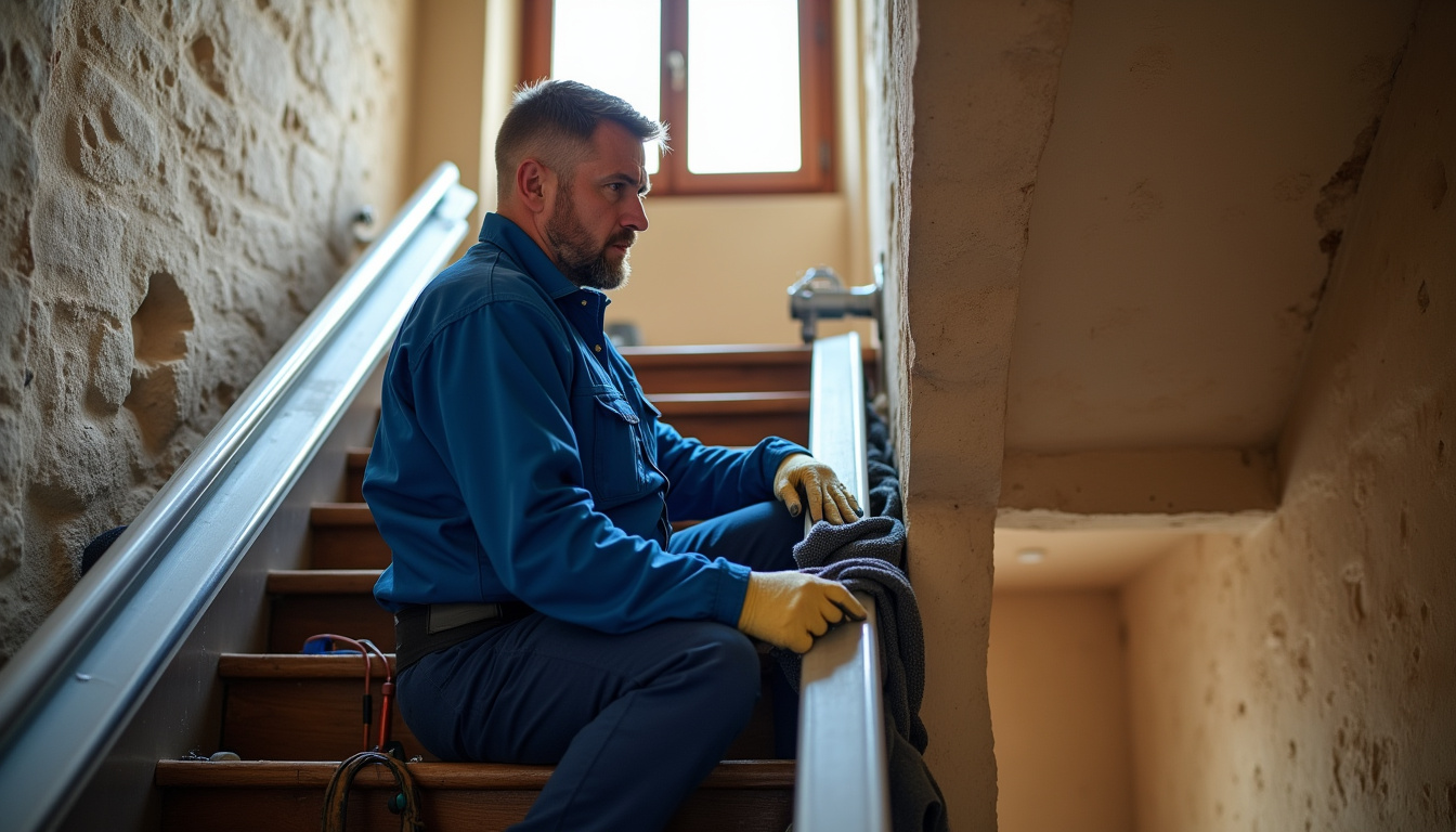 Technicien en train d’installer un monte-escalier à Sully-sur-Loire