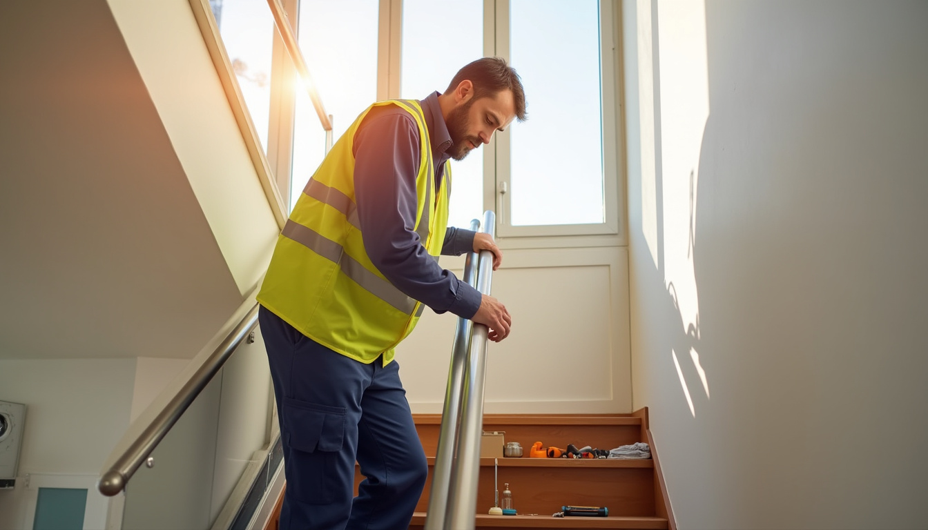 Technicien en train d’installer un monte-escalier à Vailhauquès
