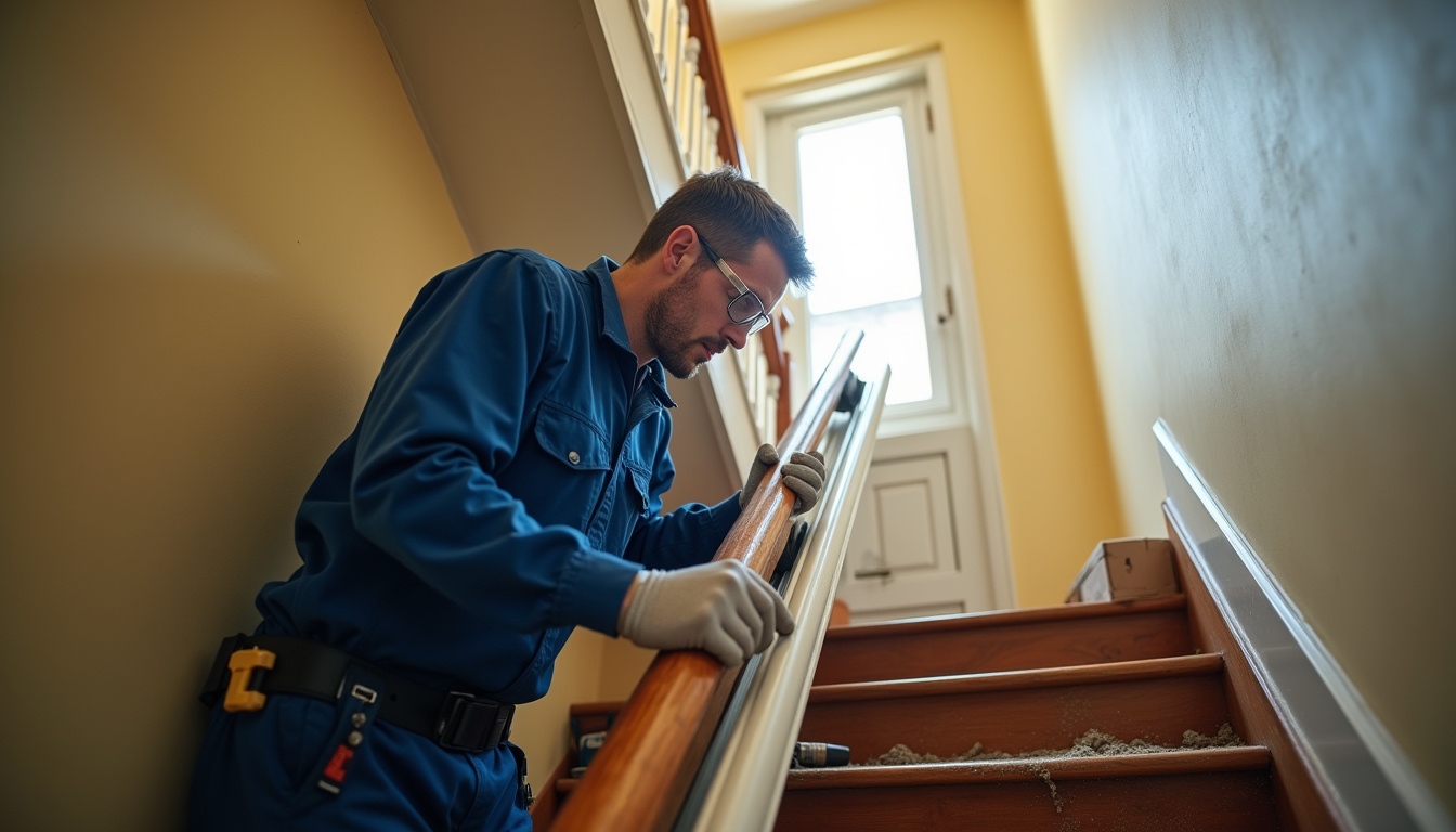 Technicien en train d’installer un monte-escalier à Vieux-Condé