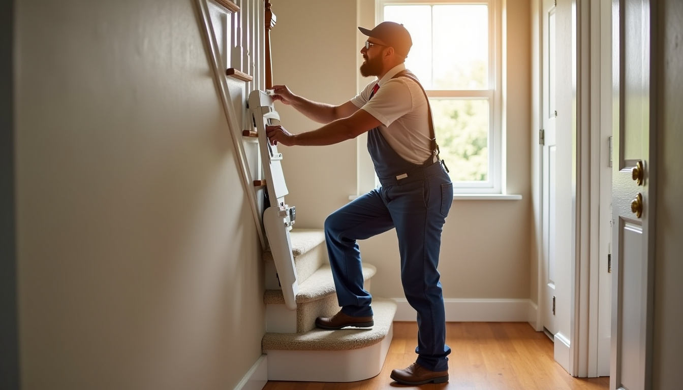 Technicien en train d’installer un monte-escalier chez un particulier