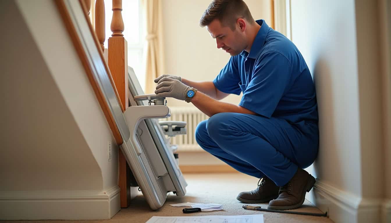 Technicien en train d'installer un monte-escalier dans un domicile