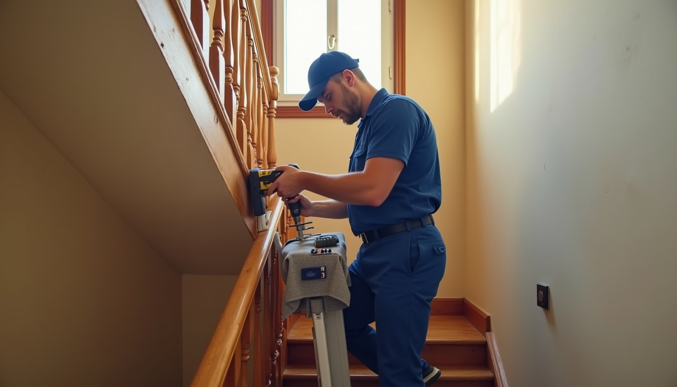 Technicien en train d’installer un monte-escalier dans un escalier à Sarreguemines