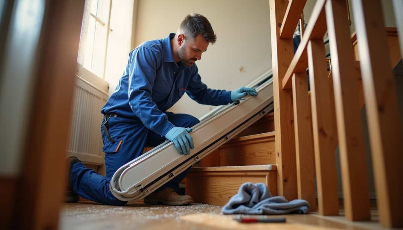 Technicien en train d'installer un monte-escalier dans une habitation à Alata