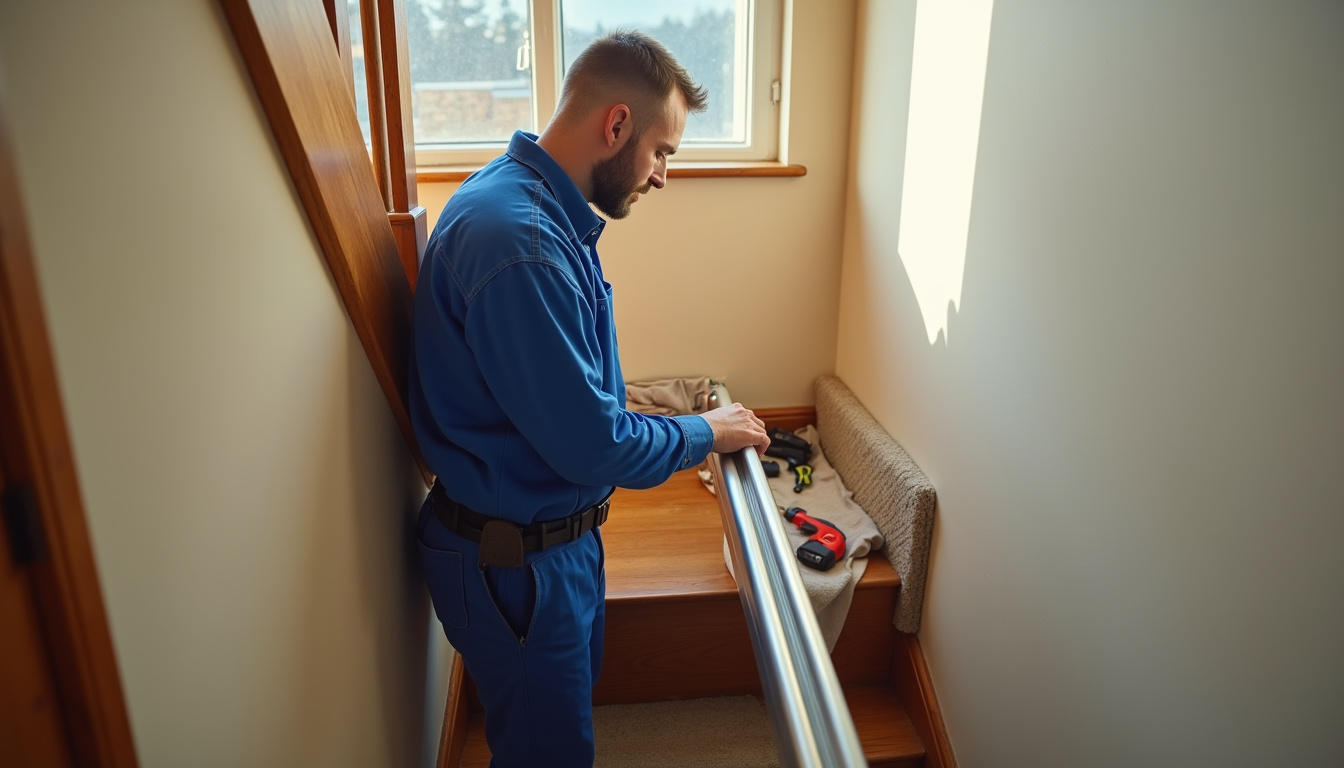Technicien en train d’installer un monte-escalier dans une habitation à Drancy