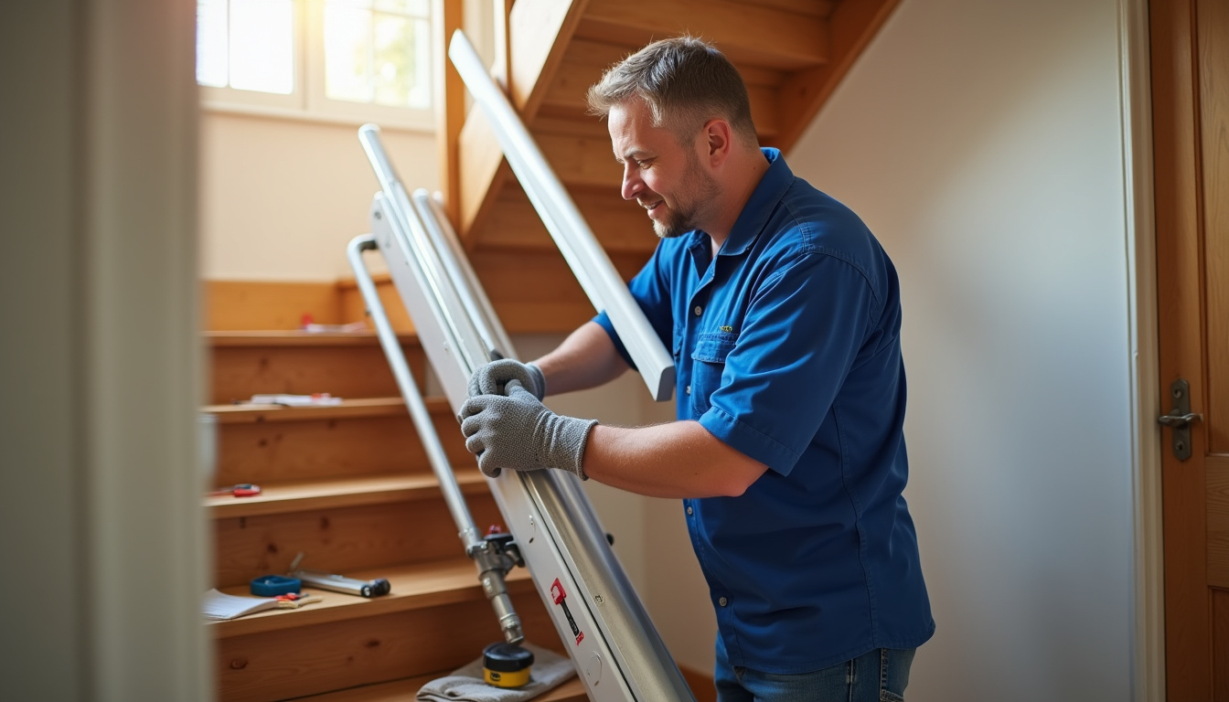Technicien en train d'installer un monte-escalier dans une habitation à Indre