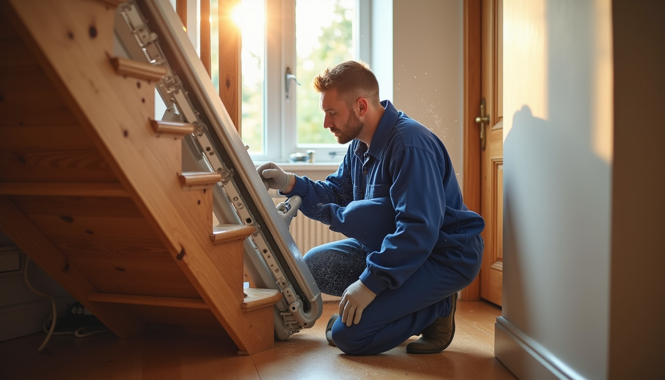 Technicien en train d’installer un monte-escalier dans une habitation à Samatan