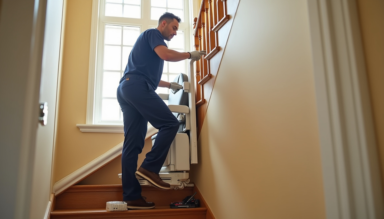 Technicien en train d’installer un monte-escalier dans une maison à Ambarès-et-Lagrave