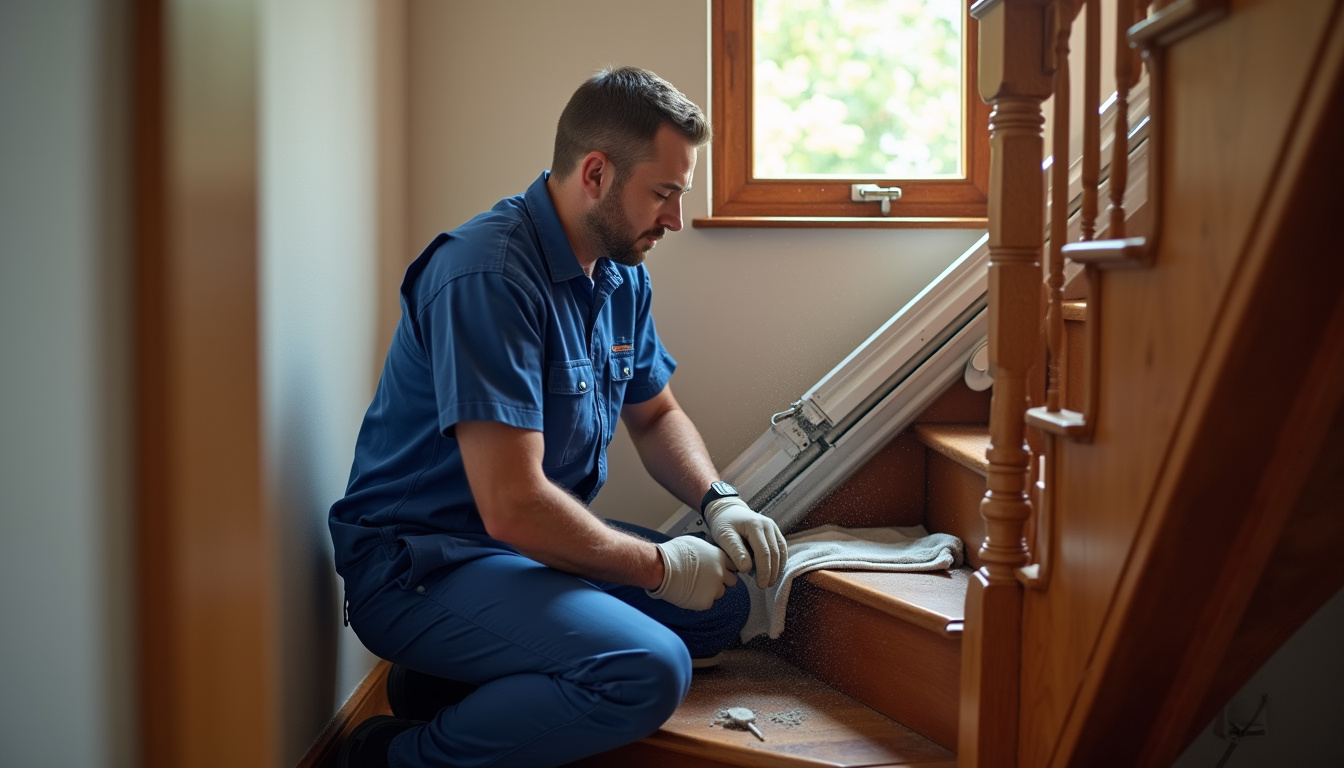Technicien en train d’installer un monte-escalier dans une maison à Amblainville