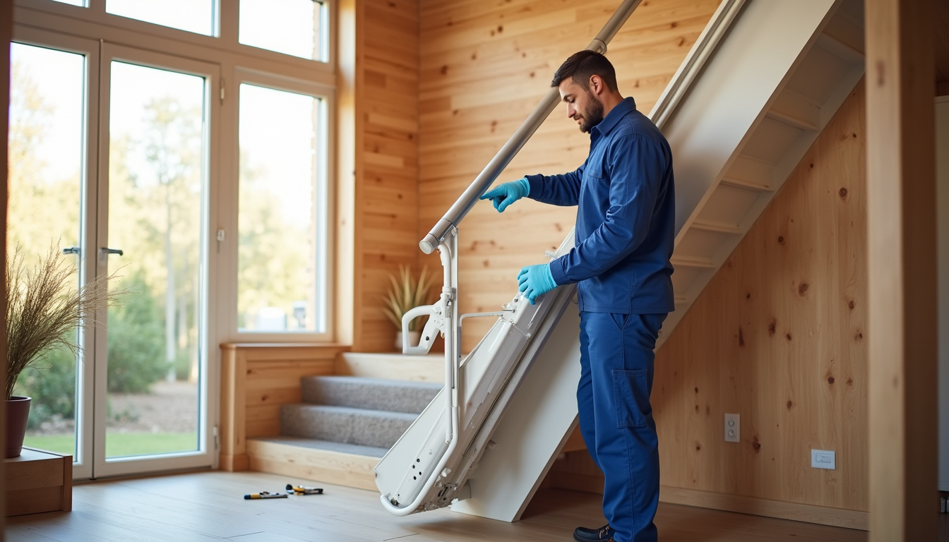 Technicien en train d’installer un monte-escalier dans une maison à Aytré
