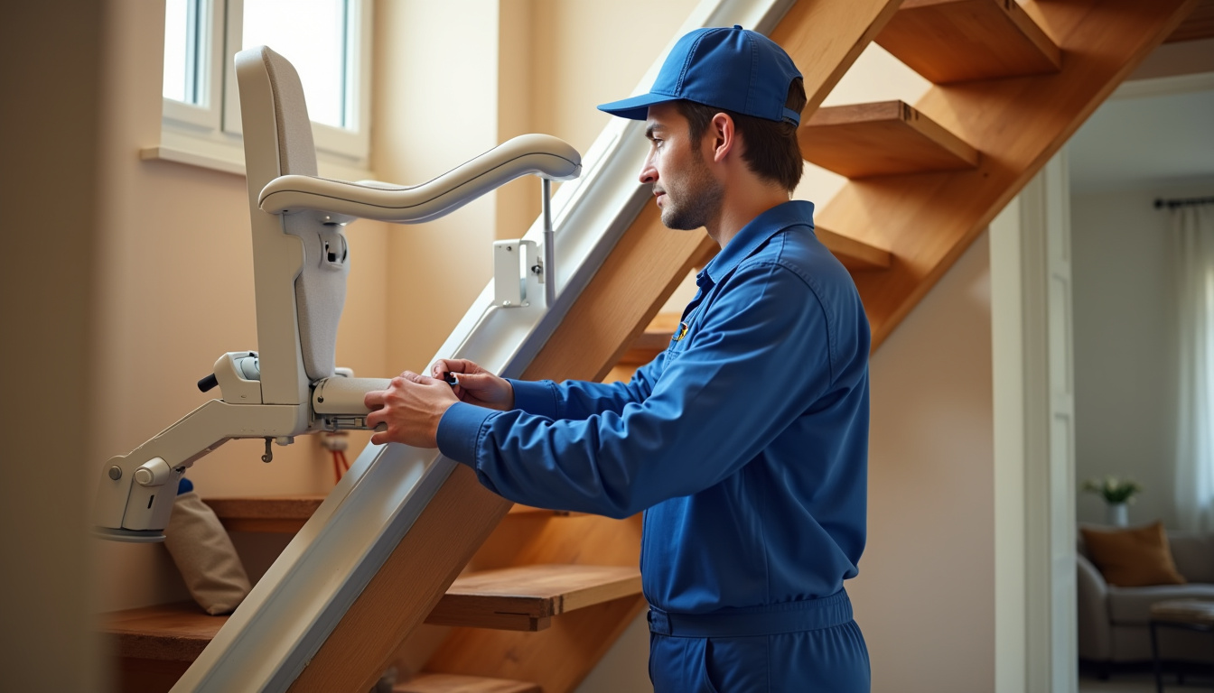 Technicien en train d’installer un monte-escalier dans une maison à Azé